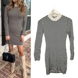 ABERCROMBIE & FITCH Bodycon Black White Checkered Mini Dress XSP Long Sleeve